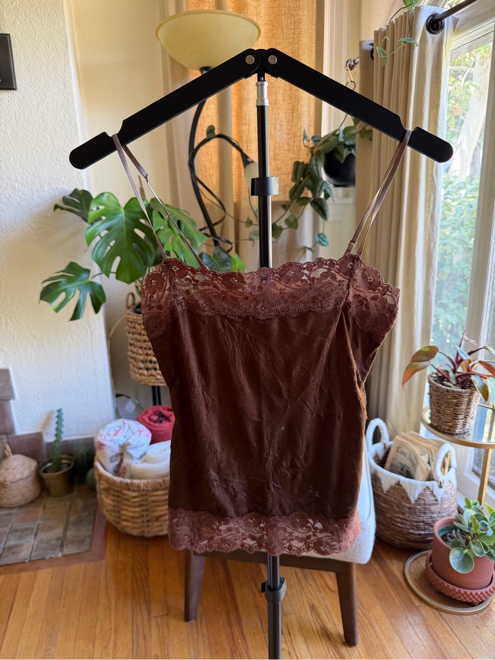 Lily White Brown Lace-Trim Satin Cami Tank
